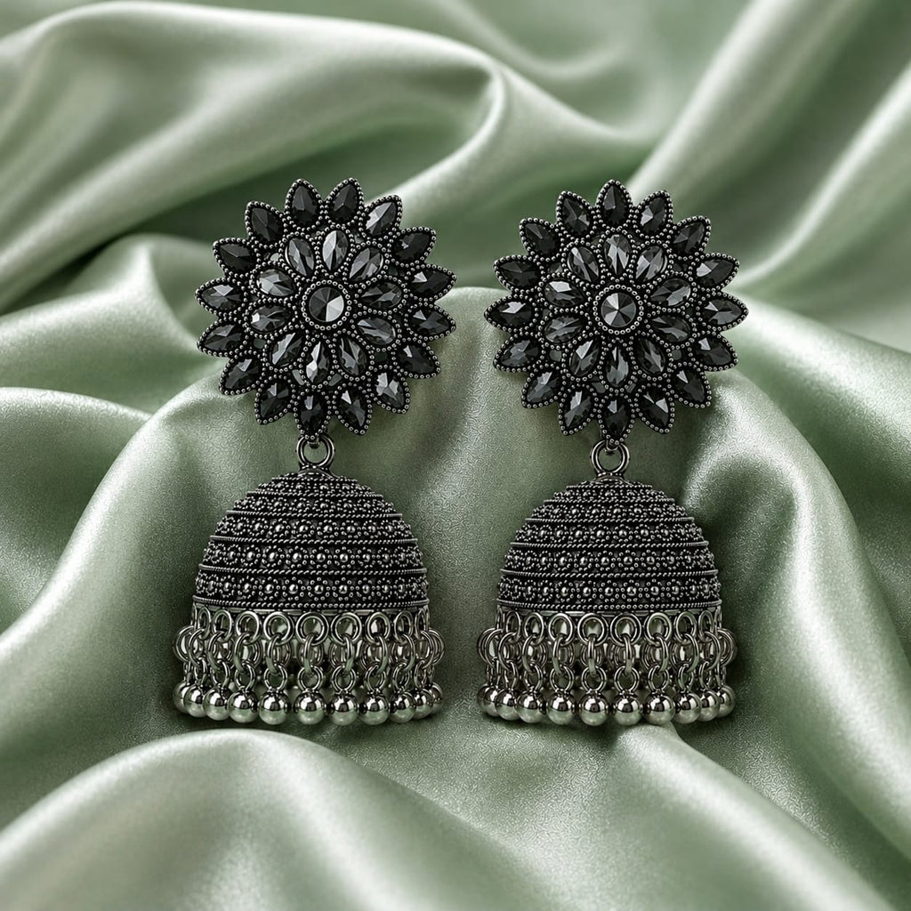 Oxidised Silver Black Crystal Flower Jhumka Earrings