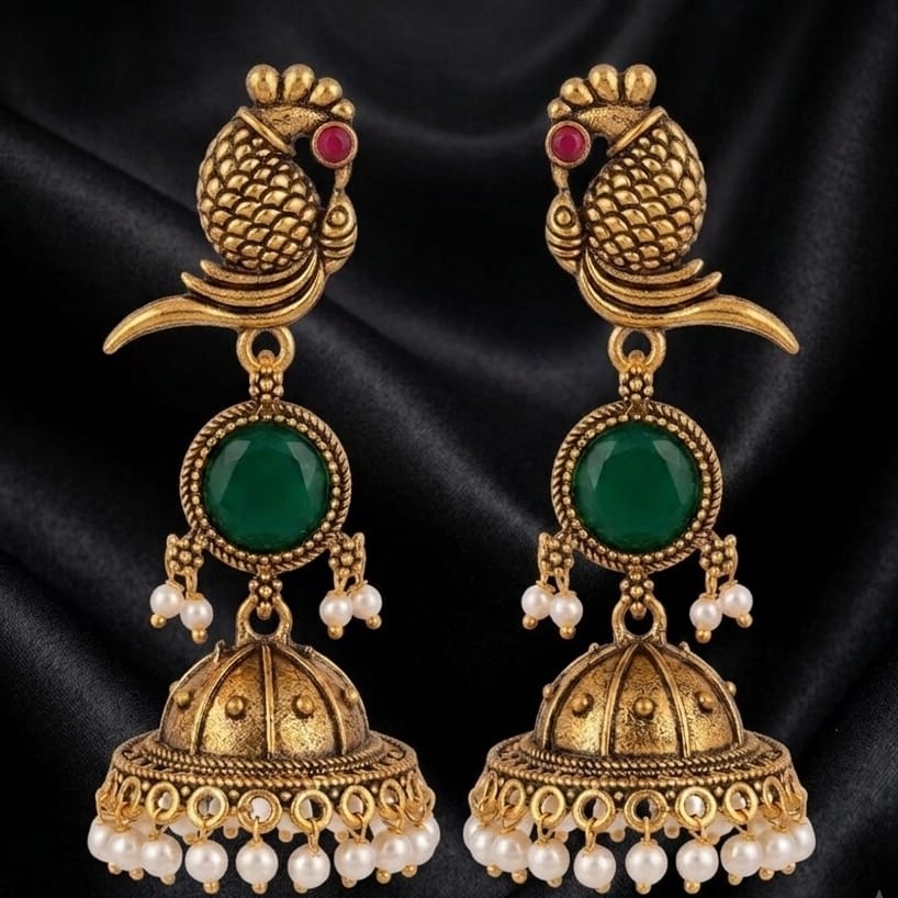 Antique Gold Parrot Jhumka Earrings with Green Stone & Pearl Drops