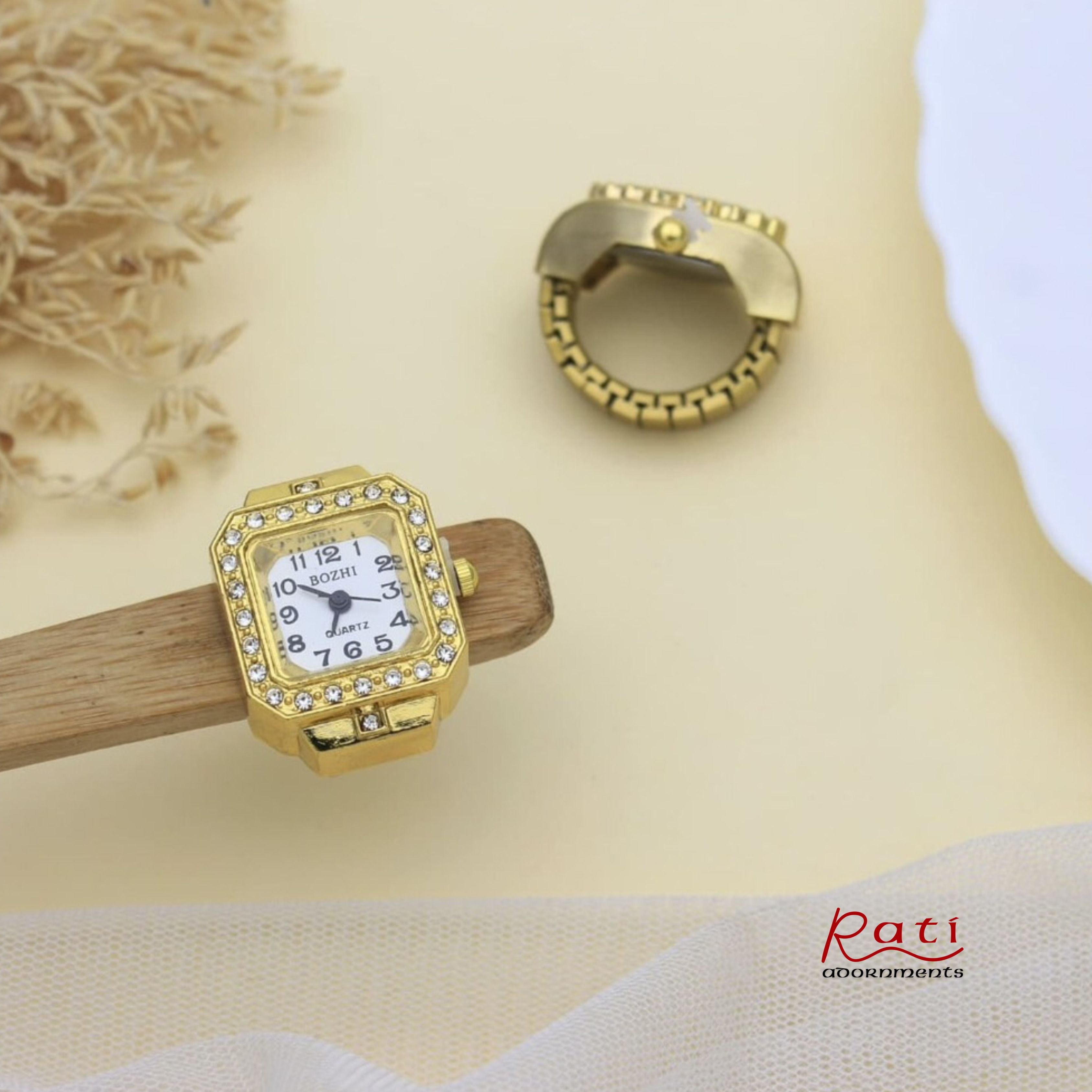 Gold Square CZ Border Quartz Ring Watch – White Dial
