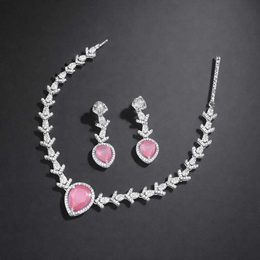 Pink CZ Diamond Teardrop Necklace & Earring Set