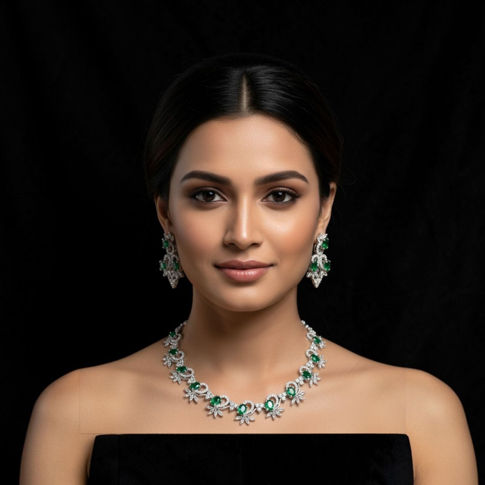 Emerald Green & CZ Diamond Floral Necklace & Earrings Set