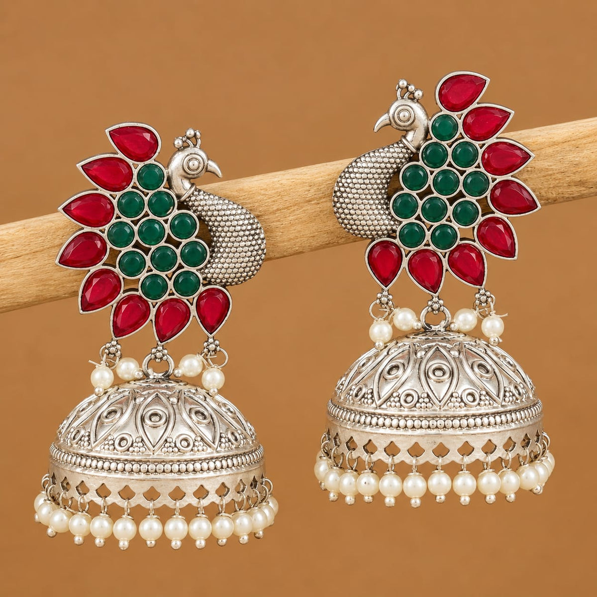 Oxidised Silver Peacock Jhumka Earrings with Ruby Red & Green Stone