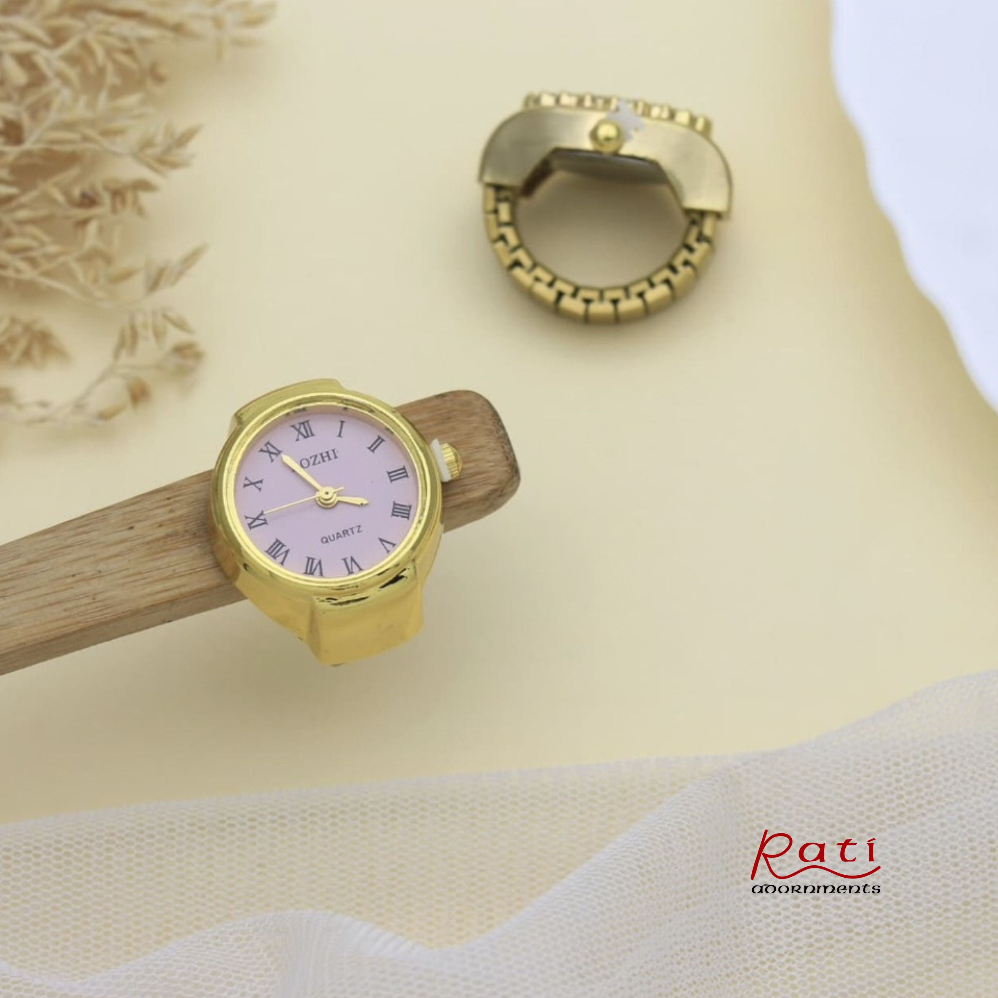 Gold Quartz Ring Watch – Pink Roman Numeral Dial