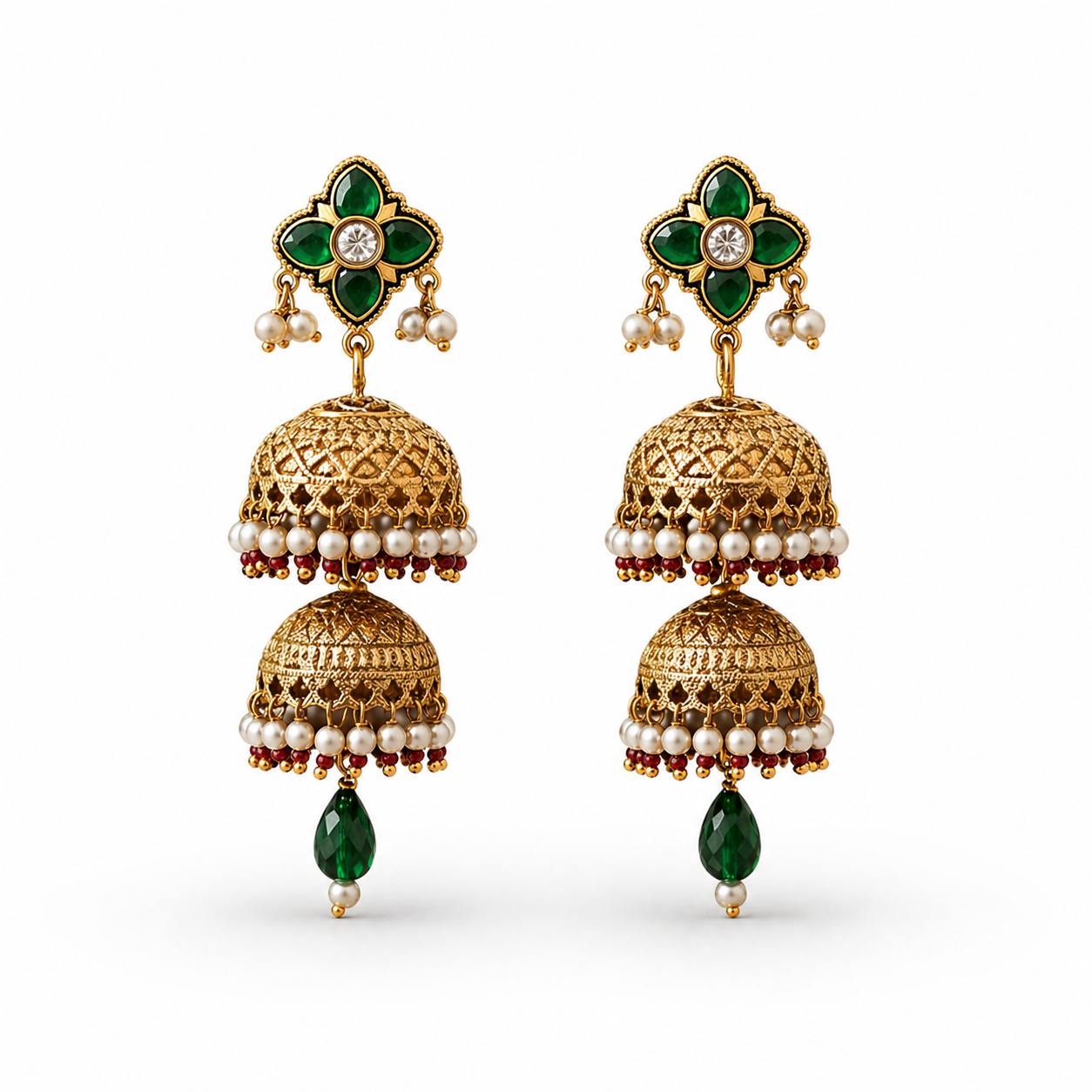 Gold-Toned Double Jhumka Earrings with Emerald Green Stone & Pearl Drops