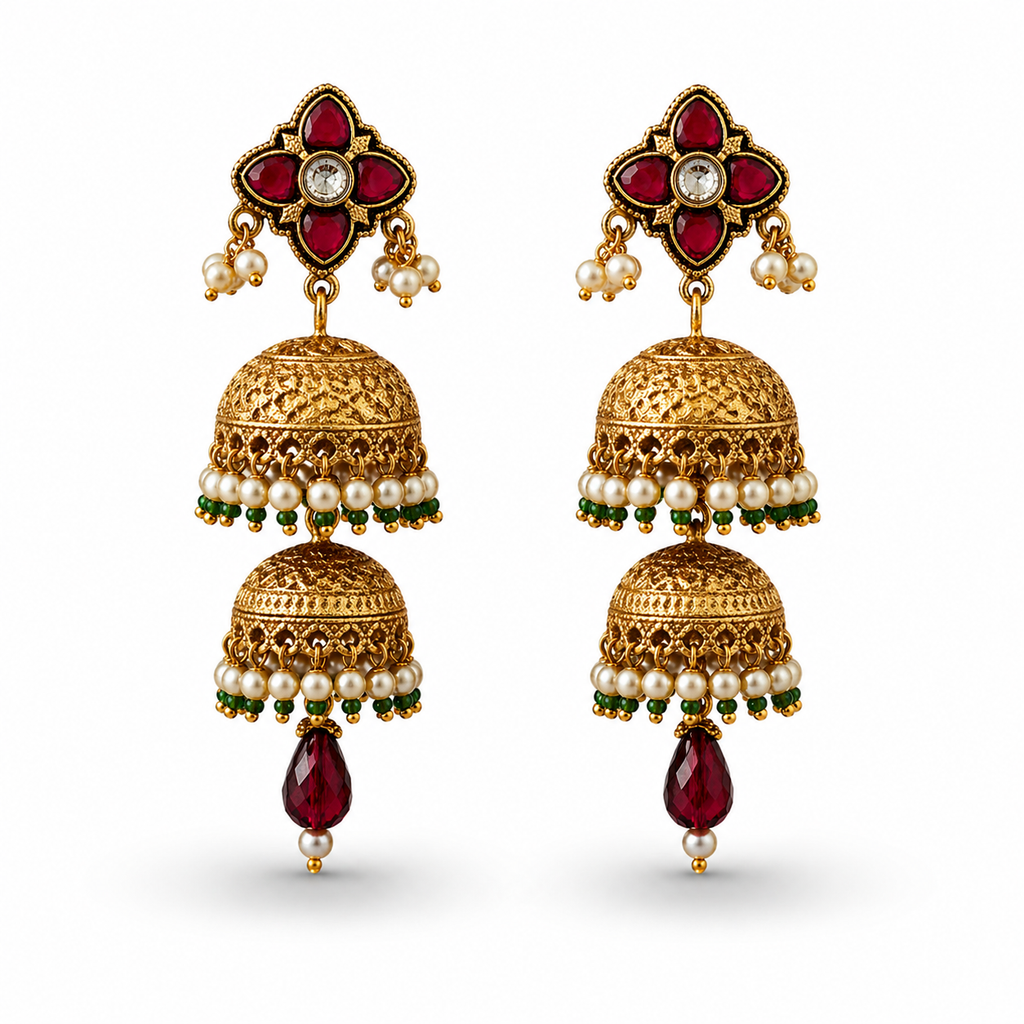 Gold-Toned Double Jhumka Earrings with Ruby Kundan Stud & Ruby Drop