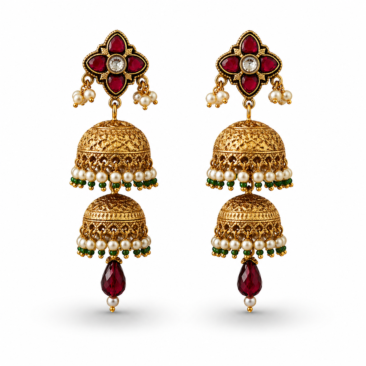 Gold-Toned Double Jhumka Earrings with Ruby Kundan Stud & Ruby Drop