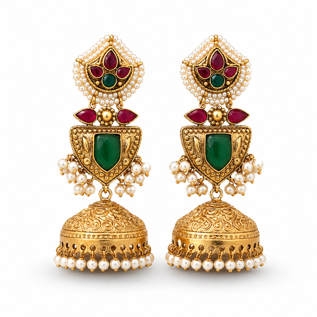 Gold-Toned Jhumka Earrings with Ruby & Emerald Stone Shield Drop