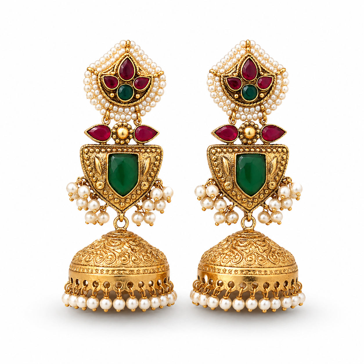 Gold-Toned Jhumka Earrings with Ruby & Emerald Stone Shield Drop