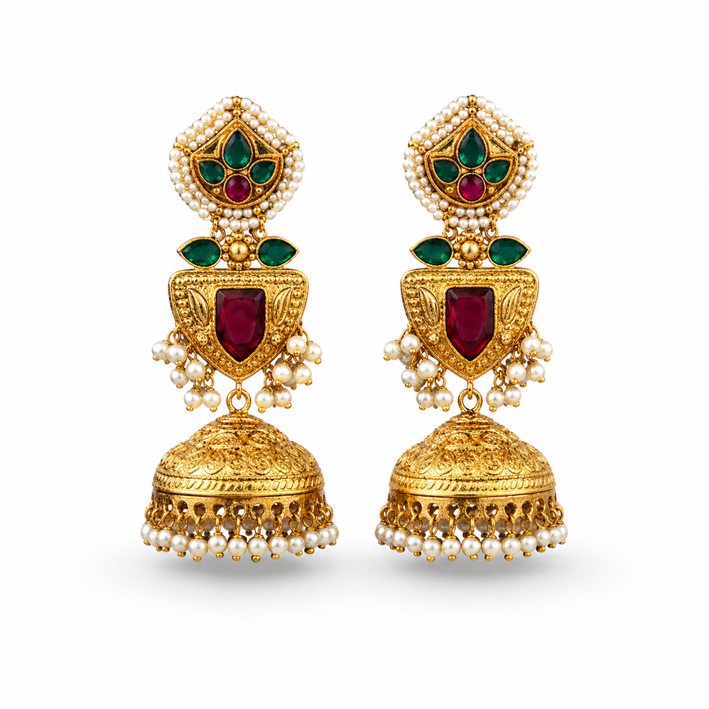Gold-Toned Layered Jhumka Earrings with Emerald & Ruby Stone Shield Drop