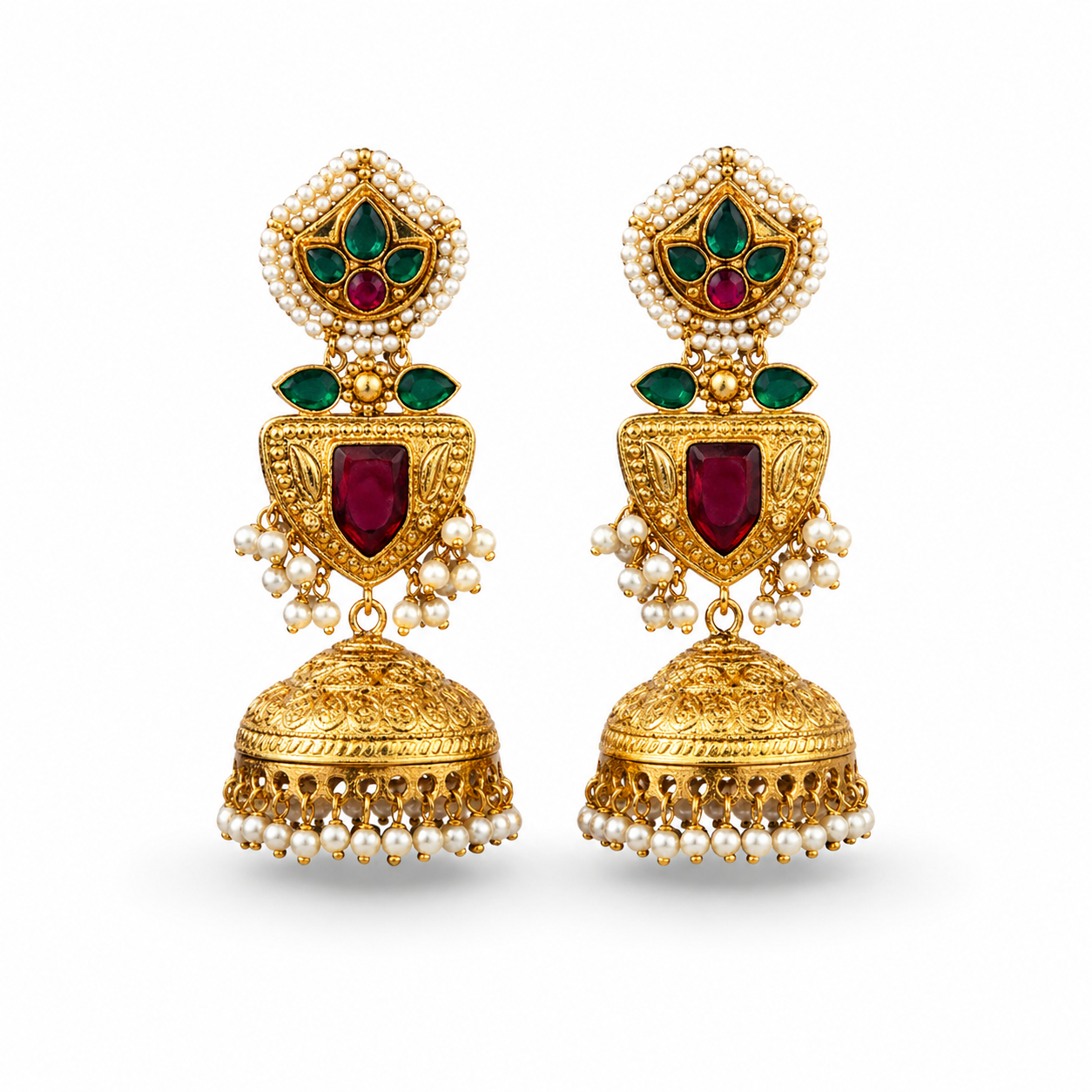 Gold-Toned Layered Jhumka Earrings with Emerald & Ruby Stone Shield Drop