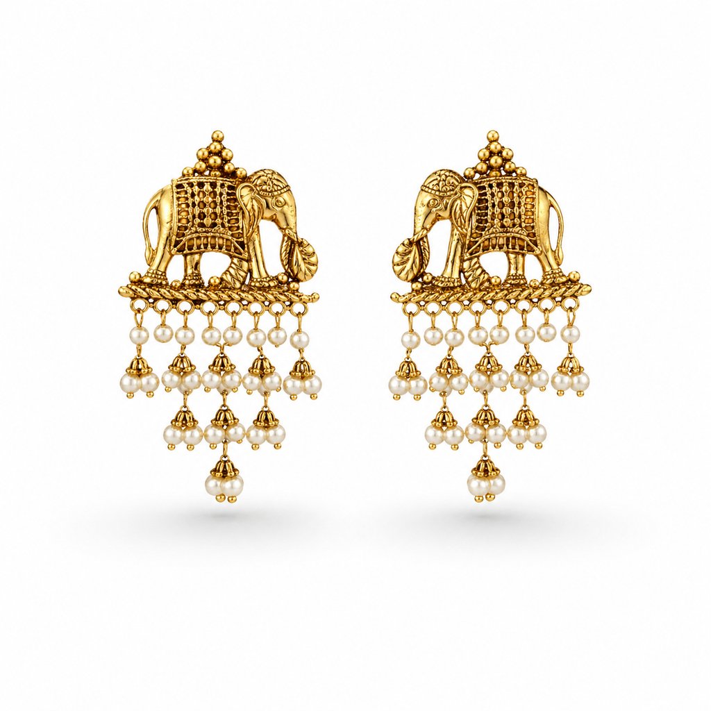 Gold-Toned Temple Elephant Earrings with Cascading Pearl Drops