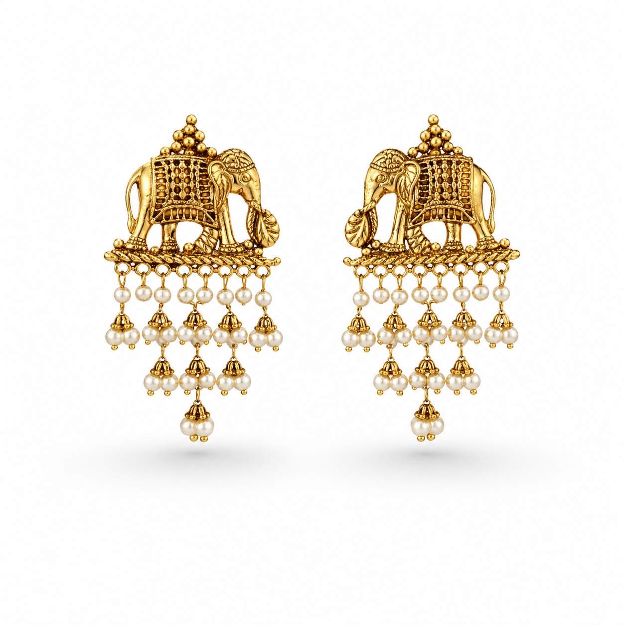 Gold-Toned Temple Elephant Earrings with Cascading Pearl Drops
