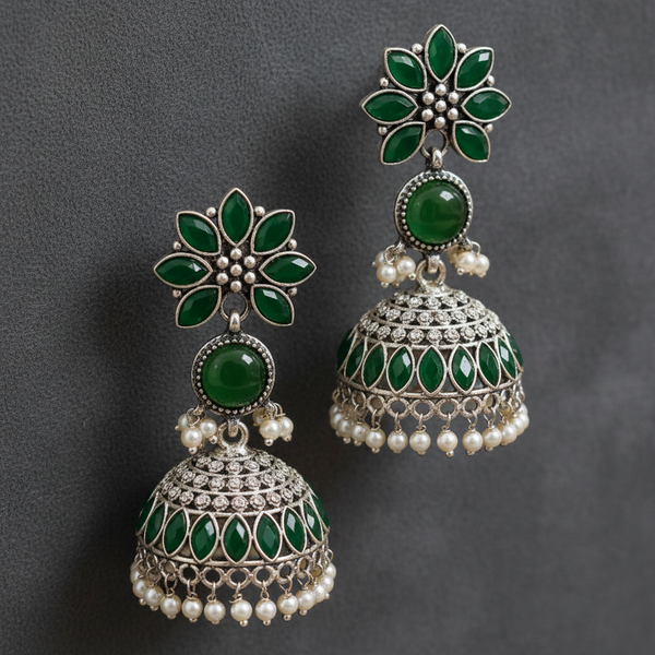 Oxidised Silver Jhumka Green