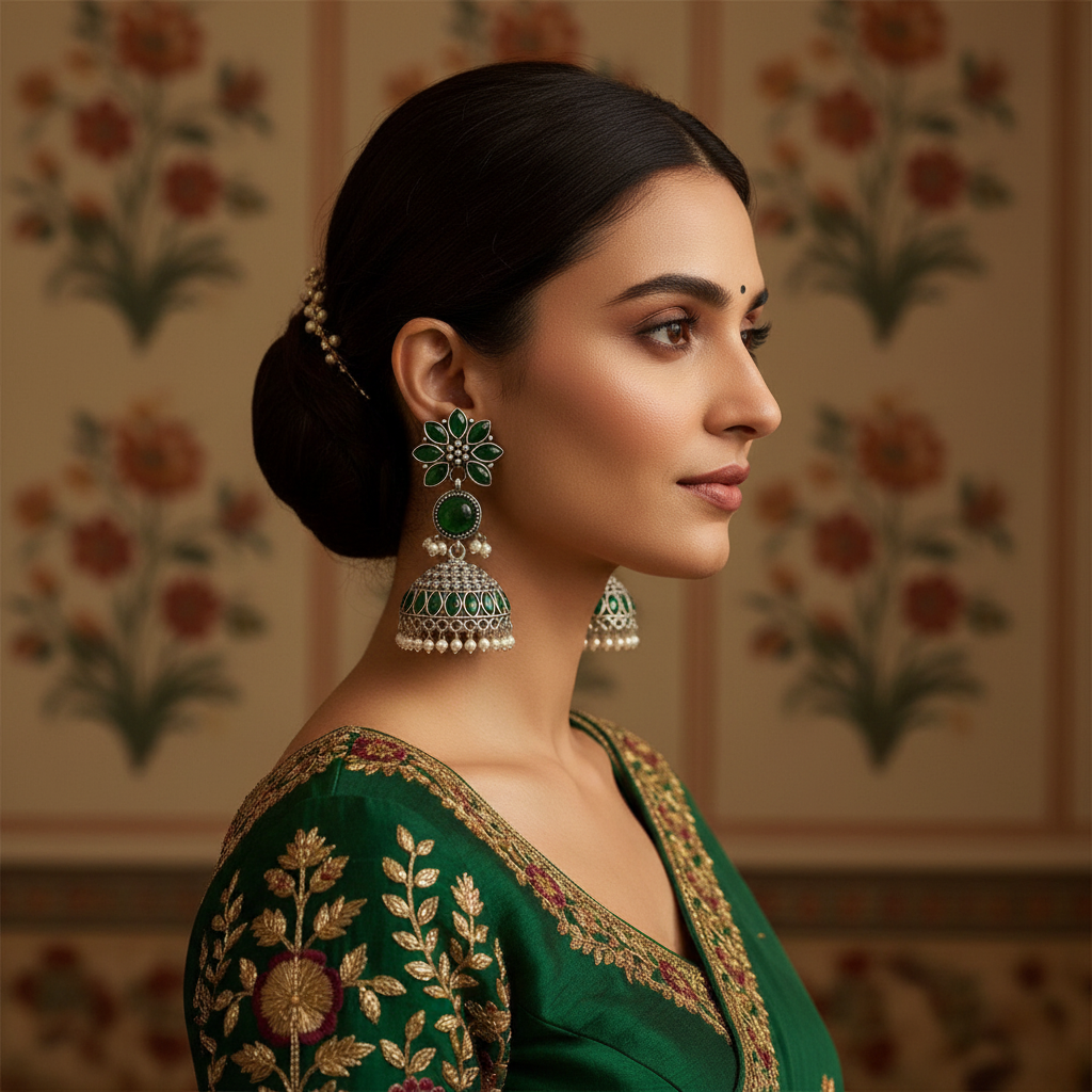 Oxidised Silver Jhumka Green