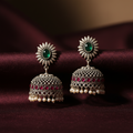 Oxidised Silver Jhumka Earrings with Green Onyx & Ruby Stones
