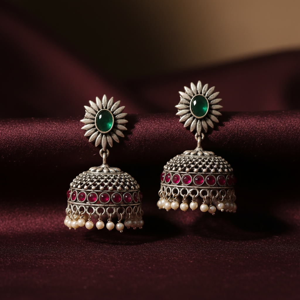 Oxidised Silver Jhumka Earrings with Green Onyx & Ruby Stones