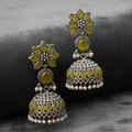 Olive Green Oxidised Silver Jhumka Earrings with Pearl Drops