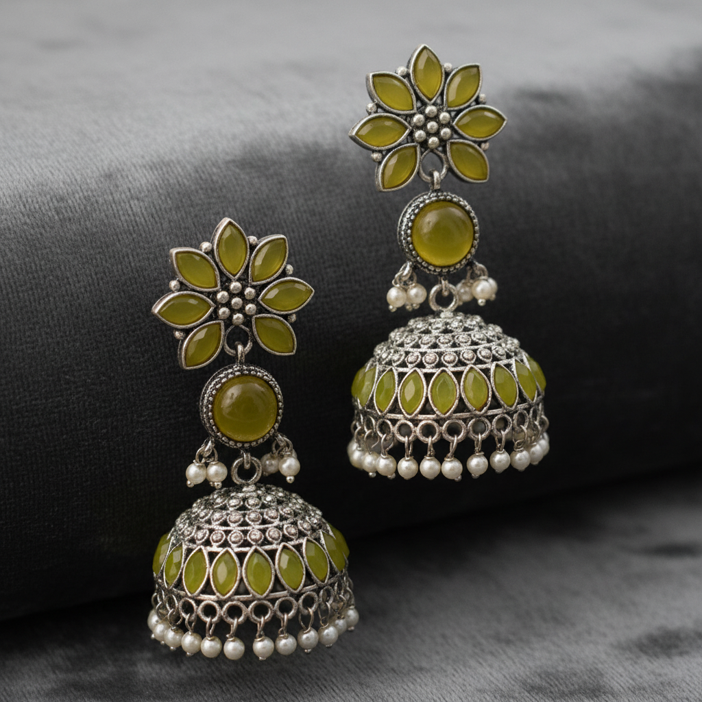 Olive Green Oxidised Silver Jhumka Earrings with Pearl Drops