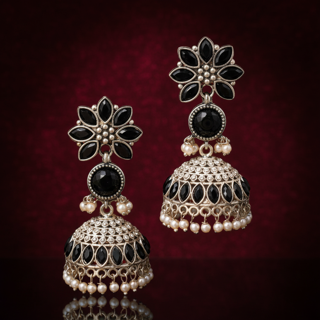 Black Oxidised Silver Jhumka Earrings with Pearl Drops