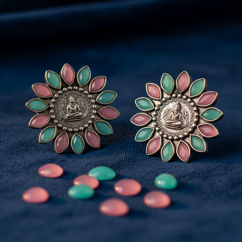 Buddha Motif Oxidised Silver Stud Earrings with Pink & Mint Stones