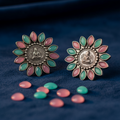 Buddha Motif Oxidised Silver Stud Earrings with Pink & Mint Stones