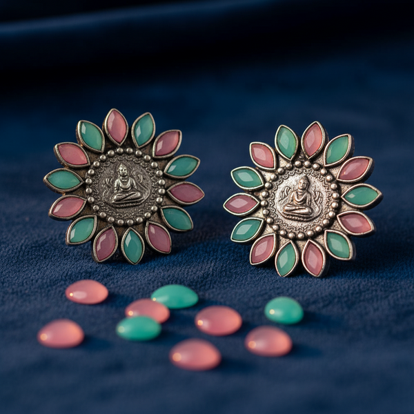 Buddha Motif Oxidised Silver Stud Earrings with Pink & Mint Stones