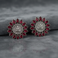 Buddha Motif Oxidised Silver Stud Earrings with Ruby Red Stones