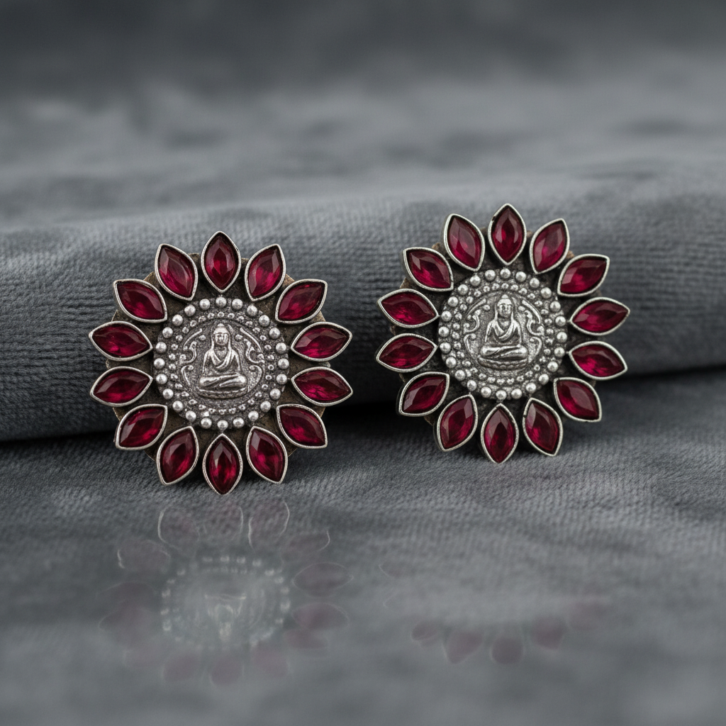 Buddha Motif Oxidised Silver Stud Earrings with Ruby Red Stones