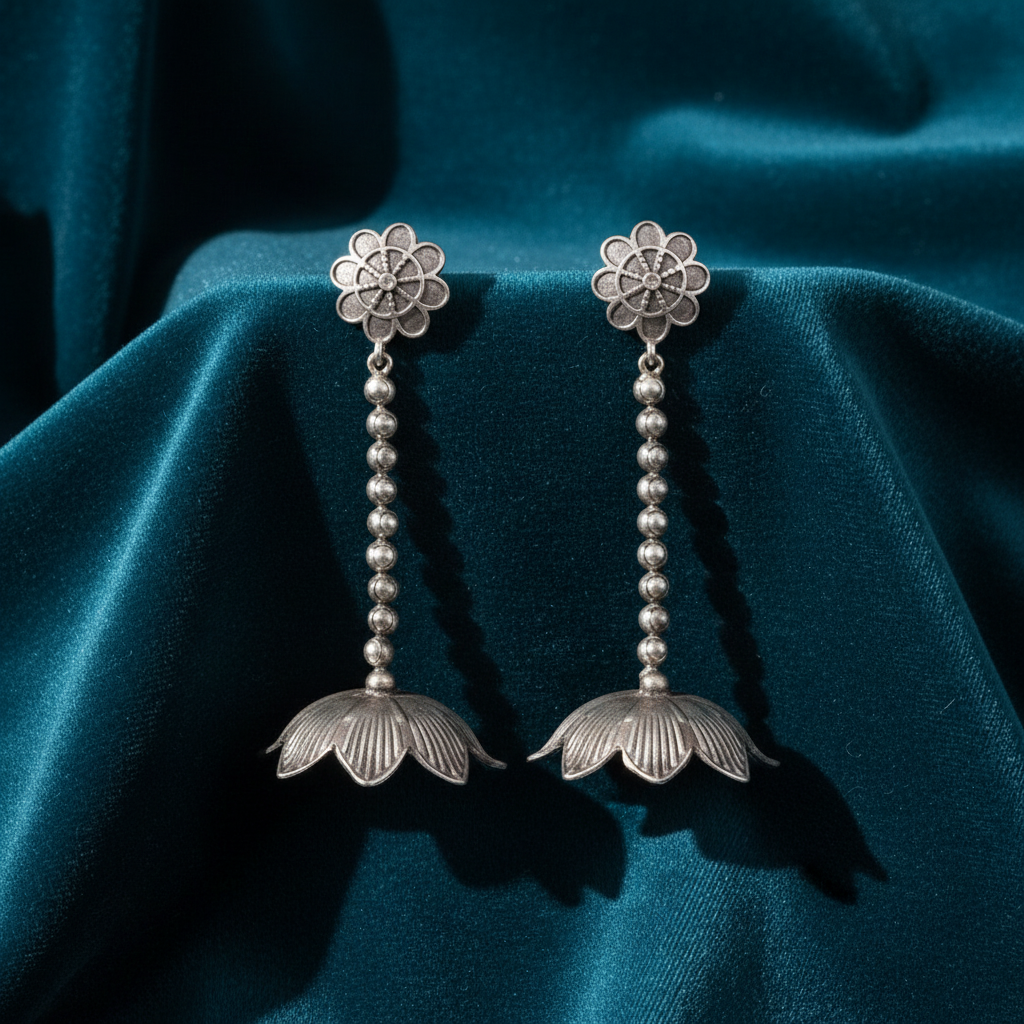 Oxidised Silver Lotus Drop Earrings with Floral Stud Top