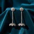 Oxidised Silver Lotus Drop Earrings with Floral Stud Top