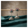 Pink & Turquoise Oxidised Silver Jhumka Earrings with Pearl Drops