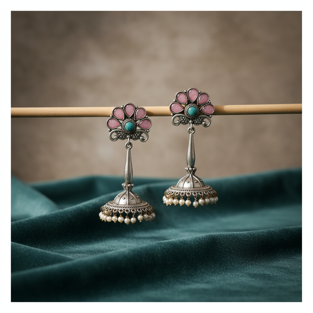 Pink & Turquoise Oxidised Silver Jhumka Earrings with Pearl Drops