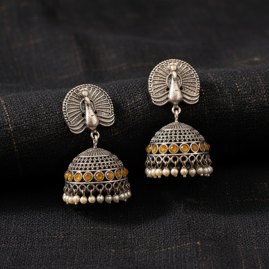 Peacock Oxidised Silver Jhumka Earrings with Amber Stones