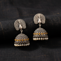 Peacock Oxidised Silver Jhumka Earrings with Amber Stones