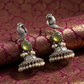 Parrot Oxidised Silver Jhumka Earrings with Green Stone