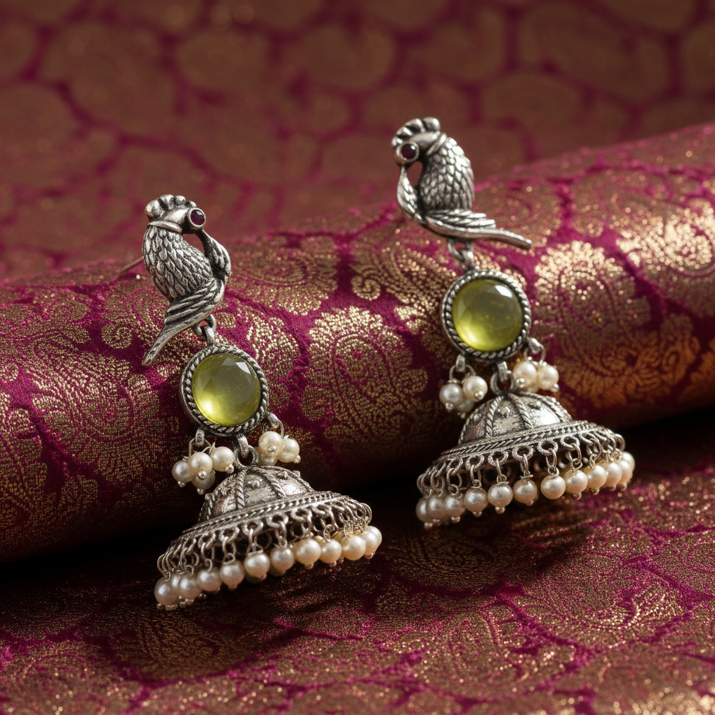 Parrot Oxidised Silver Jhumka Earrings with Green Stone