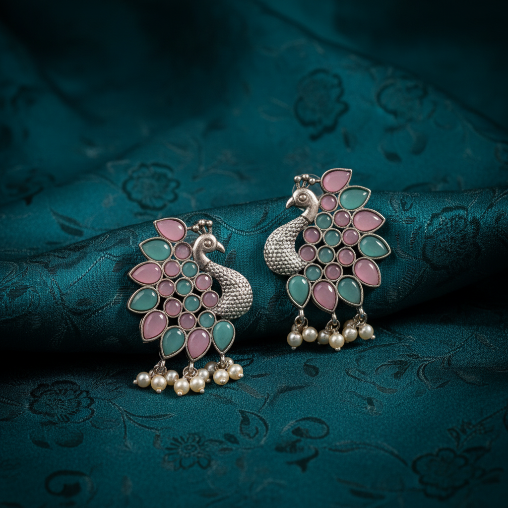 Peacock Oxidised Silver Earrings with Pink & Turquoise Stones