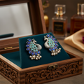 Peacock Oxidised Silver Earrings with Blue & Teal Stones