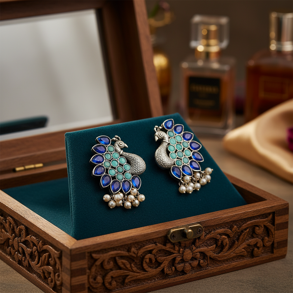 Peacock Oxidised Silver Earrings with Blue & Teal Stones