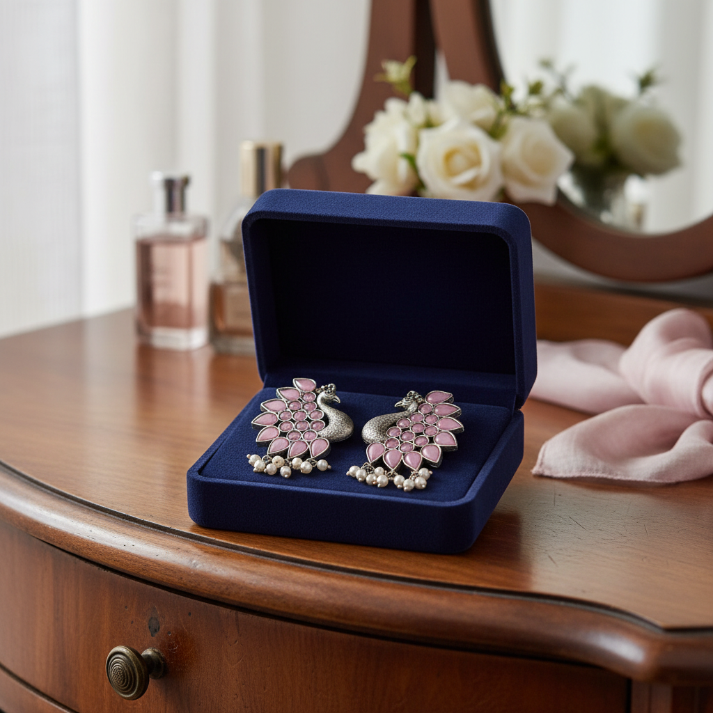 Pink Peacock Oxidised Silver Earrings with Pearl Drops