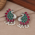 Ruby Green Peacock Oxidised Silver Earrings with Pearl Drops