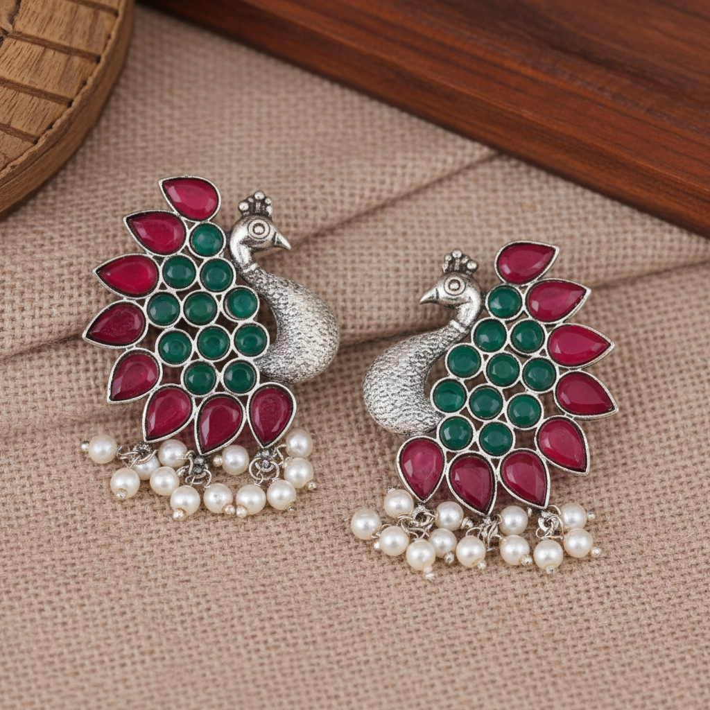 Ruby Green Peacock Oxidised Silver Earrings with Pearl Drops