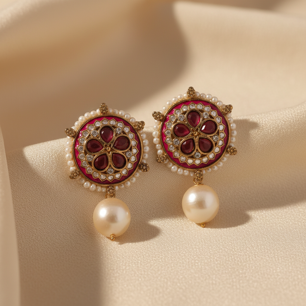 Ruby Kundan Meenakari Disc Earrings with Pearl Drop