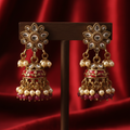 Kundan Meenakari Double Layer Jhumka Earrings with Pearl & Ruby Drops