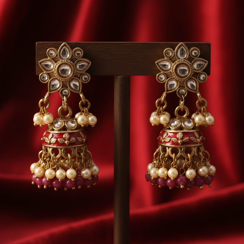 Kundan Meenakari Double Layer Jhumka Earrings with Pearl & Ruby Drops