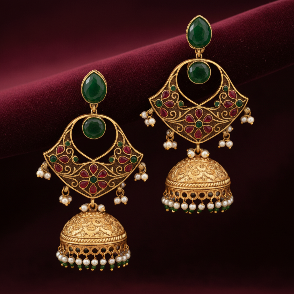 Emerald Green Meenakari Chandbali Jhumka Earrings with Pearl Drops