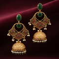 Emerald Green Meenakari Chandbali Jhumka Earrings with Pearl Drops