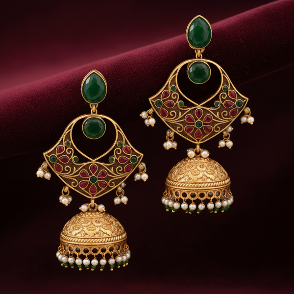 Emerald Green Meenakari Chandbali Jhumka Earrings with Pearl Drops