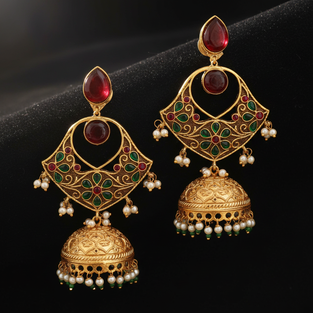 Ruby Red Meenakari Chandbali Jhumka Earrings with Pearl Drops