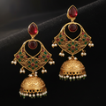 Ruby Red Meenakari Chandbali Jhumka Earrings with Pearl Drops